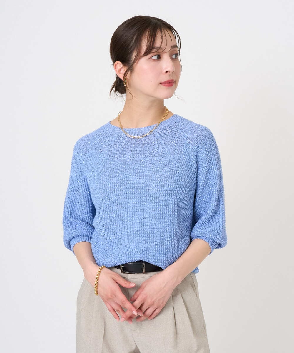 F6FGD04230 MICHEL KLEIN(小さいサイズ)(メゾン ドゥ サンク) [小さいサイズ]ホールガーメント(R)ラグランラメニット ライトブルー