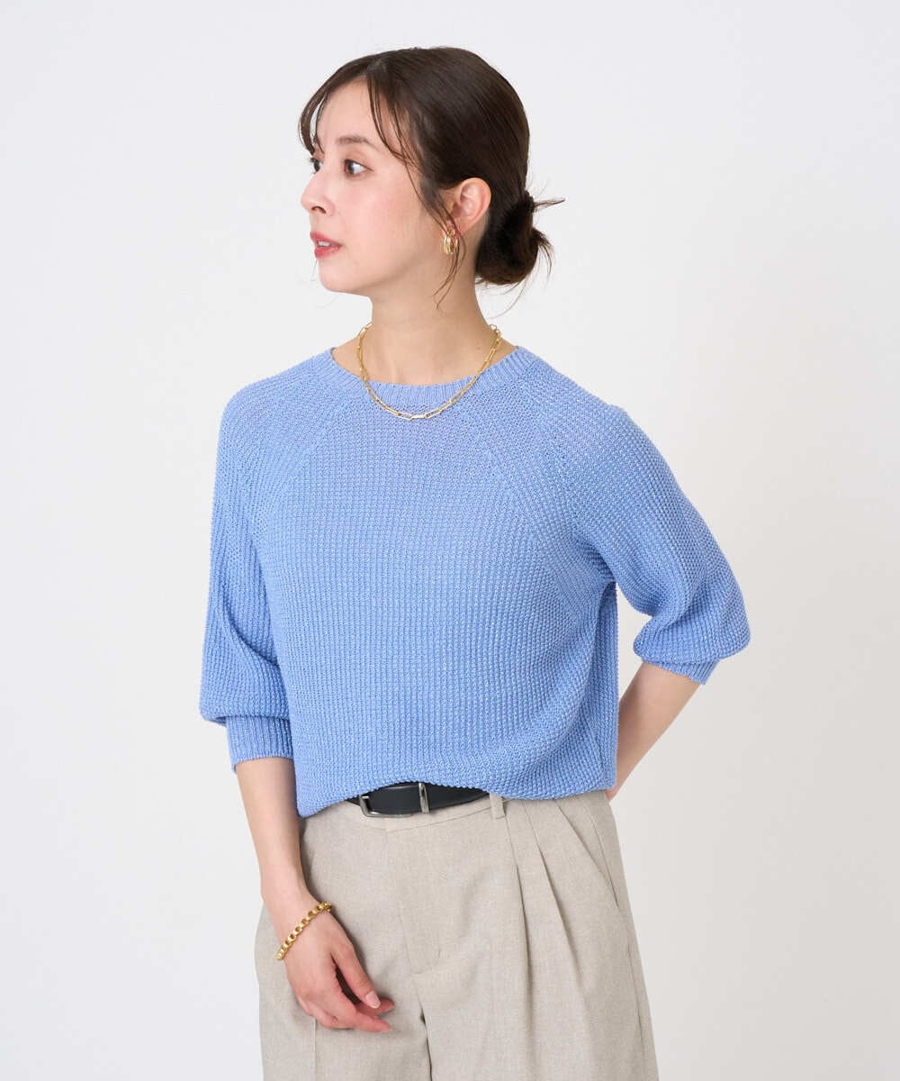 F6FGD04230 MICHEL KLEIN(小さいサイズ)(メゾン ドゥ サンク) [小さいサイズ]ホールガーメント(R)ラグランラメニット ライトブルー