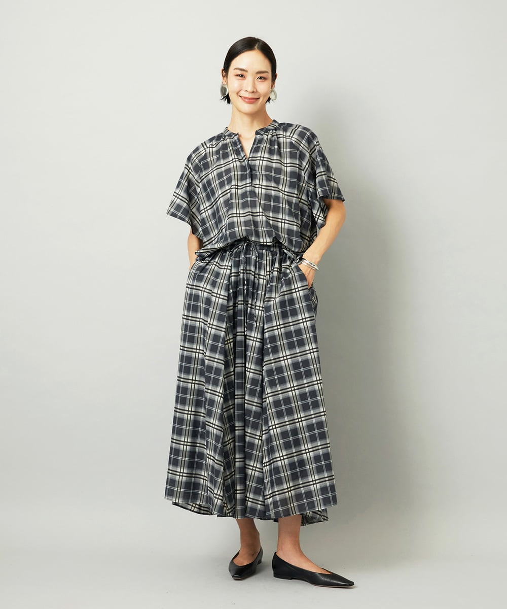 F6HAD15290 MICHEL KLEIN(小さいサイズ)(メゾン ドゥ サンク) [小さいサイズ][セットアップ対応]ギャザースカート　シアーチェック柄 ブラック