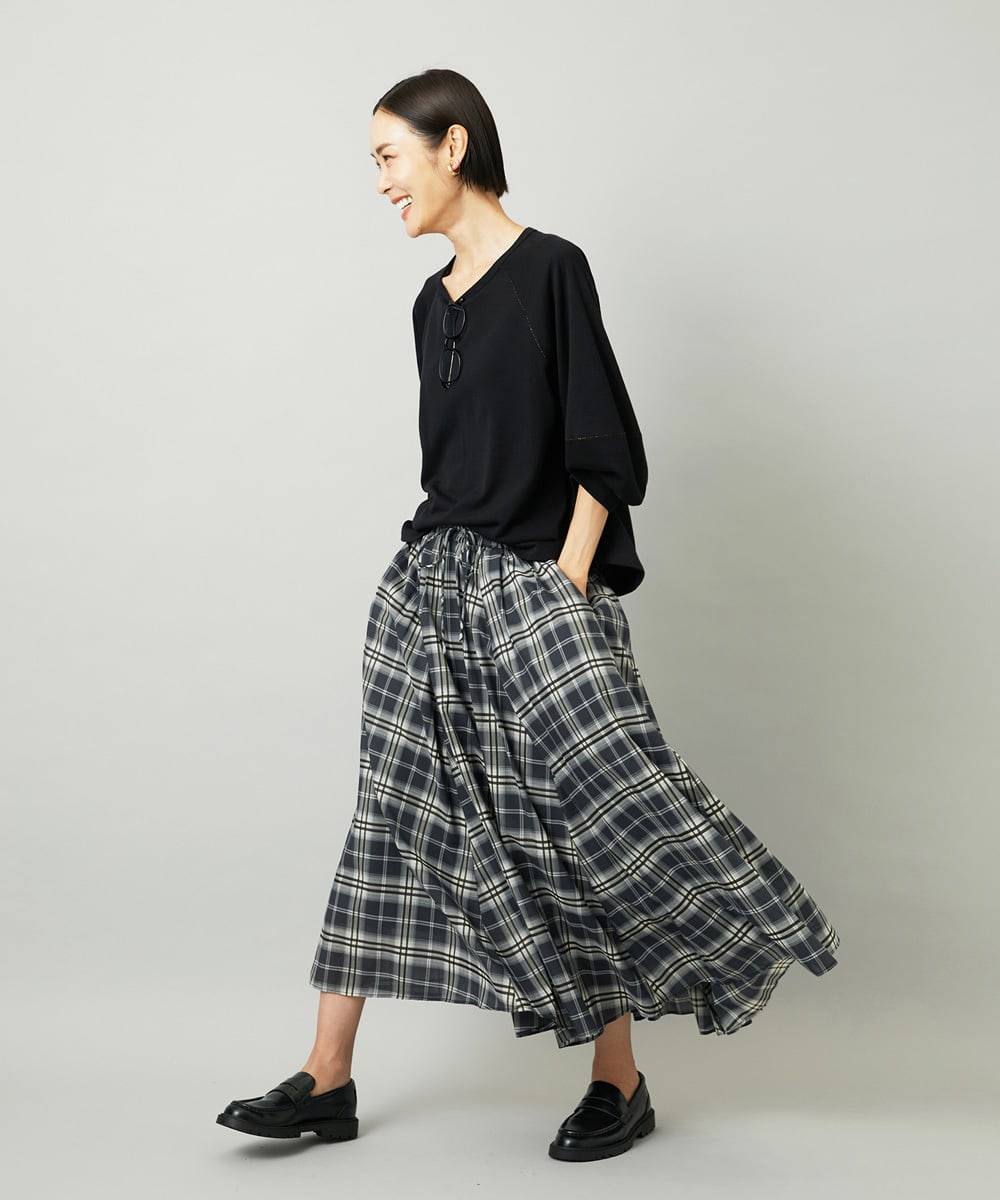 F6HAD15290 MICHEL KLEIN(小さいサイズ)(メゾン ドゥ サンク) [小さいサイズ][セットアップ対応]ギャザースカート　シアーチェック柄 ブラック