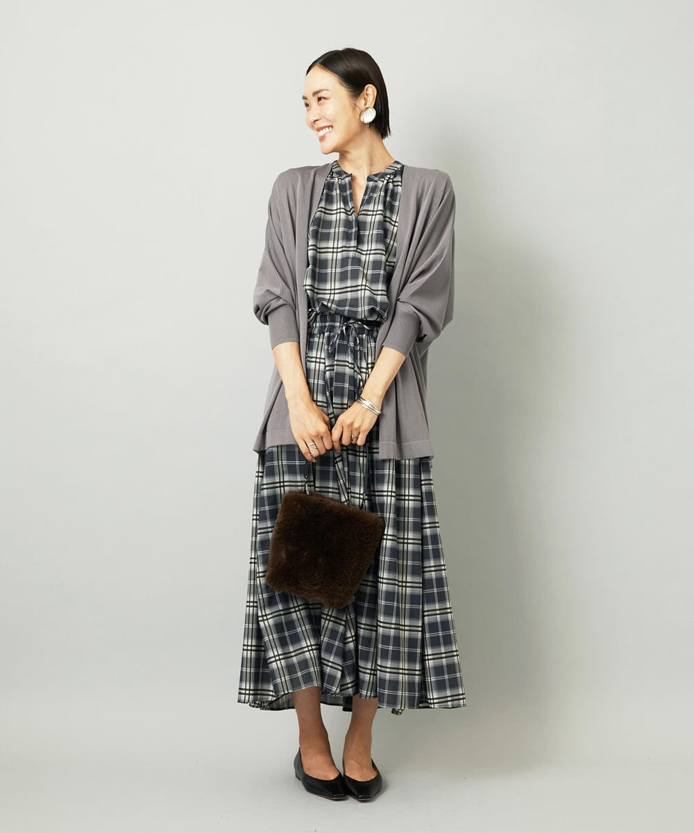 F6HAD15290 MICHEL KLEIN(小さいサイズ)(メゾン ドゥ サンク) [小さいサイズ][セットアップ対応]ギャザースカート　シアーチェック柄 ブラック