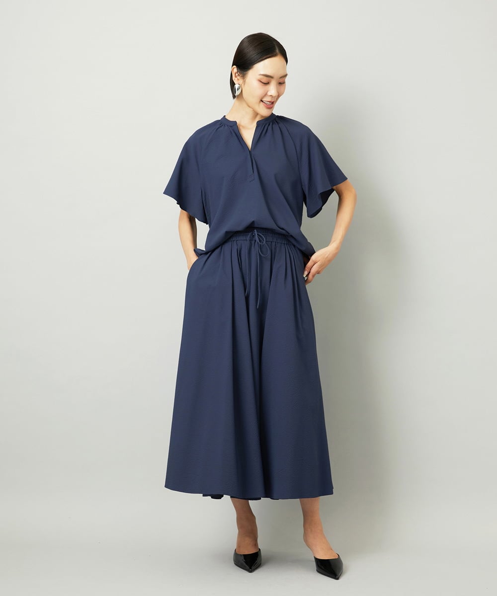 F6HAD18290 MICHEL KLEIN(小さいサイズ)(メゾン ドゥ サンク) [小さいサイズ][セットアップ対応]ギャザースカート　サッカー無地 ネイビー