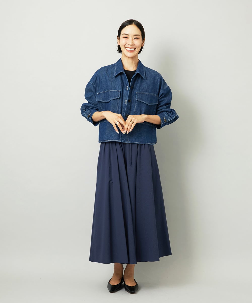 F6HAD18290 MICHEL KLEIN(小さいサイズ)(メゾン ドゥ サンク) [小さいサイズ][セットアップ対応]ギャザースカート　サッカー無地 ネイビー