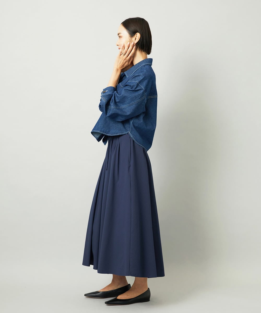 F6HAD18290 MICHEL KLEIN(小さいサイズ)(メゾン ドゥ サンク) [小さいサイズ][セットアップ対応]ギャザースカート　サッカー無地 ネイビー