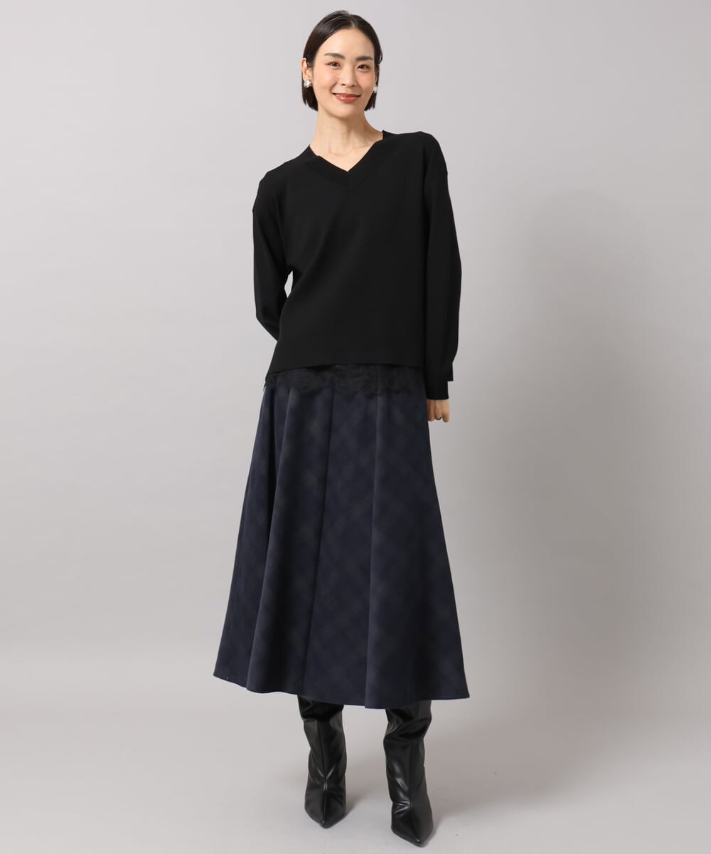 F6HAG20330 MICHEL KLEIN(小さいサイズ)(メゾン ドゥ サンク) 【小さいサイズ】[セットアップ対応]チェックコーデュロイAラインスカート ベージュ