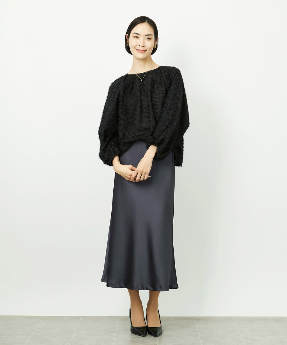 F6HDD04230 MICHEL KLEIN(小さいサイズ)(メゾン ドゥ サンク) [小さいサイズ][コージーボトム]ヴィンテージサテンスカート ダークグレー