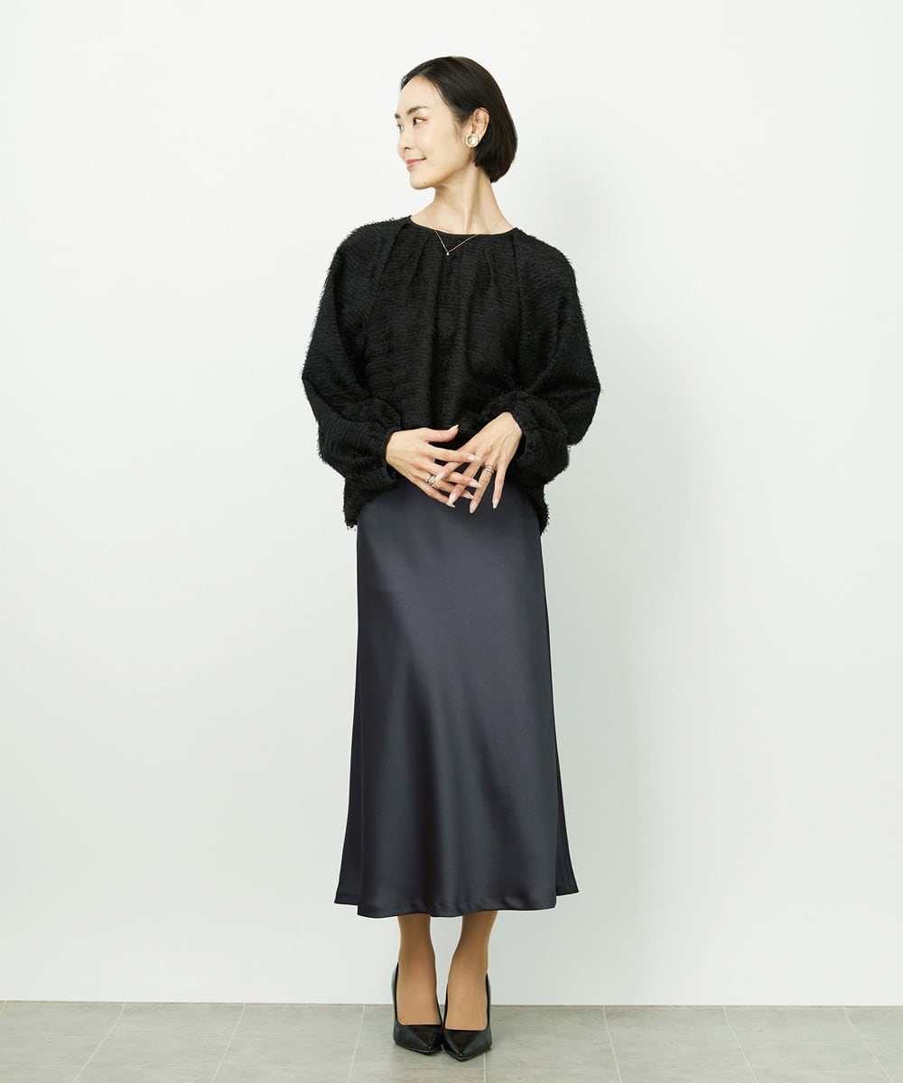 F6HDD04230 MICHEL KLEIN(小さいサイズ)(メゾン ドゥ サンク) [小さいサイズ][コージーボトム]ヴィンテージサテンスカート ダークグレー