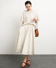 F6HGA07230 MICHEL KLEIN(小さいサイズ)(メゾン ドゥ サンク) [小さいサイズ]スピンドルギャザースカート ストライプ柄(ドライタッチ/セットアップ対応) オフホワイト×ネイビー