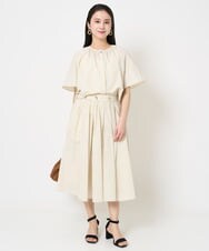 F6HGA07230 MICHEL KLEIN(小さいサイズ)(メゾン ドゥ サンク) [小さいサイズ]スピンドルギャザースカート ストライプ柄(ドライタッチ/セットアップ対応) オフホワイト×ネイビー