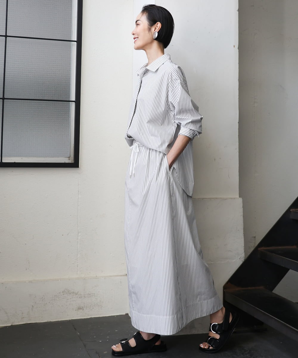 F6HGA09280 MICHEL KLEIN(小さいサイズ)(メゾン ドゥ サンク) [小さいサイズ]ストライプストレートスカート(セットアップ対応) ライトブルー