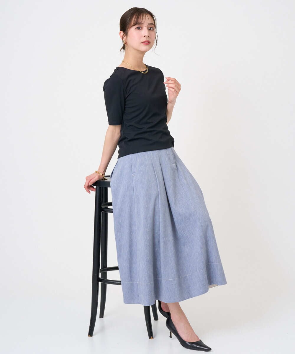 F6HGD08290 MICHEL KLEIN(小さいサイズ)(メゾン ドゥ サンク) [小さいサイズ]デニムライクシャンブレー Aラインスカート ネイビー