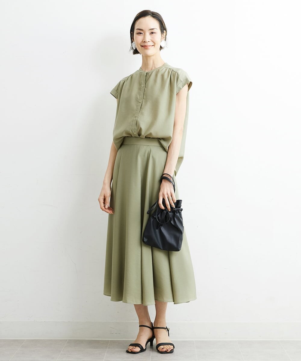 F6HHS49210 MICHEL KLEIN(小さいサイズ)(メゾン ドゥ サンク) [小さいサイズ]ナイロンソフトローンフレアスカート カーキ(36)