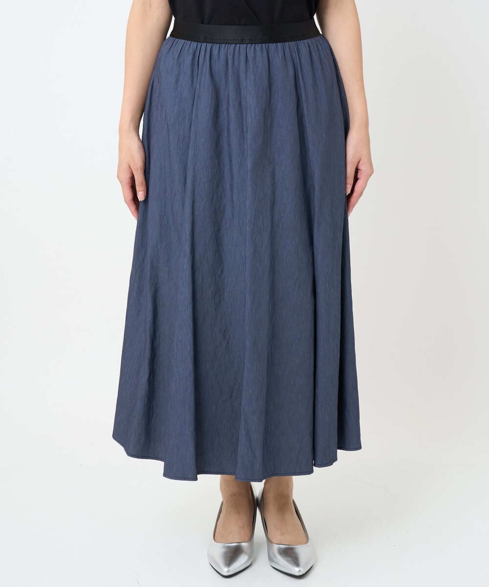 小さいサイズ］シャンブレーデニムフレアスカート(ミモレ丈スカート