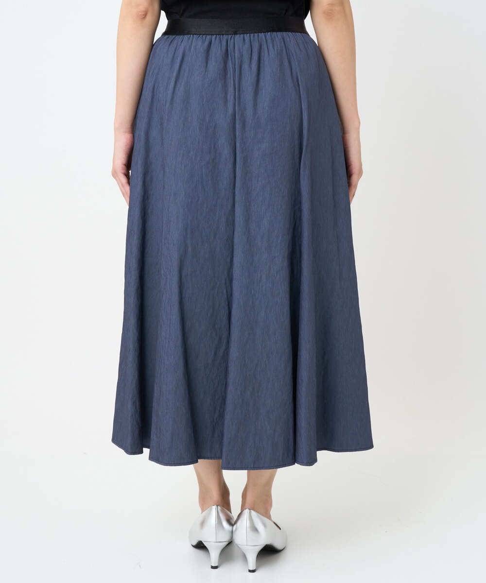 小さいサイズ］シャンブレーデニムフレアスカート(ミモレ丈