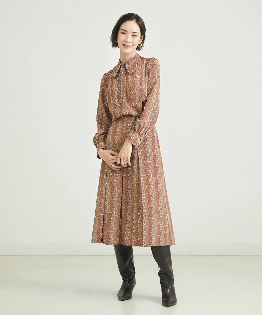 F6HJP15270 MICHEL KLEIN(小さいサイズ)(メゾン ドゥ サンク) [小さいサイズ]ストライプチェーンプリーツスカート（オリジナルプリント・セットアップ対応） ブラウン(87)