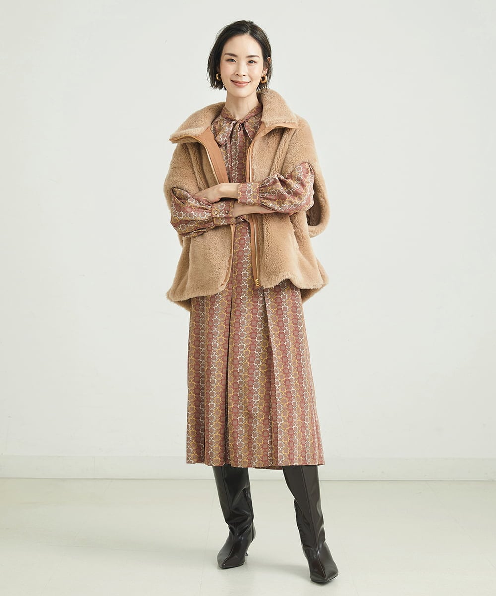 F6HJP15270 MICHEL KLEIN(小さいサイズ)(メゾン ドゥ サンク) [小さいサイズ]ストライプチェーンプリーツスカート（オリジナルプリント・セットアップ対応） ブラウン(87)