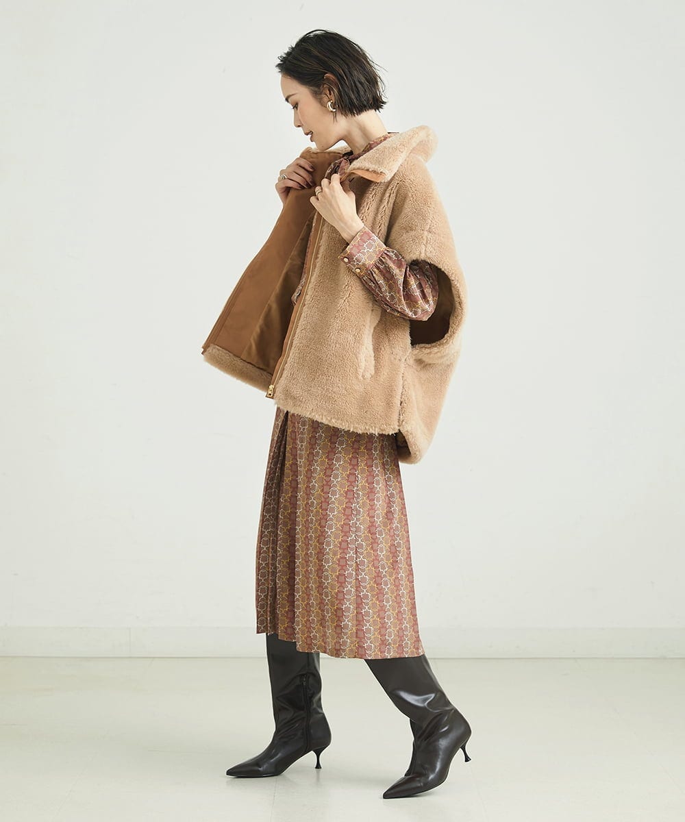 F6HJP15270 MICHEL KLEIN(小さいサイズ)(メゾン ドゥ サンク) [小さいサイズ]ストライプチェーンプリーツスカート（オリジナルプリント・セットアップ対応） ブラウン(87)