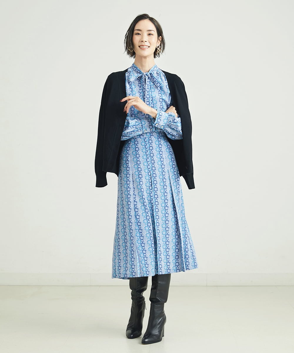F6HJP15270 MICHEL KLEIN(小さいサイズ)(メゾン ドゥ サンク) [小さいサイズ]ストライプチェーンプリーツスカート（オリジナルプリント・セットアップ対応） ブラウン(87)