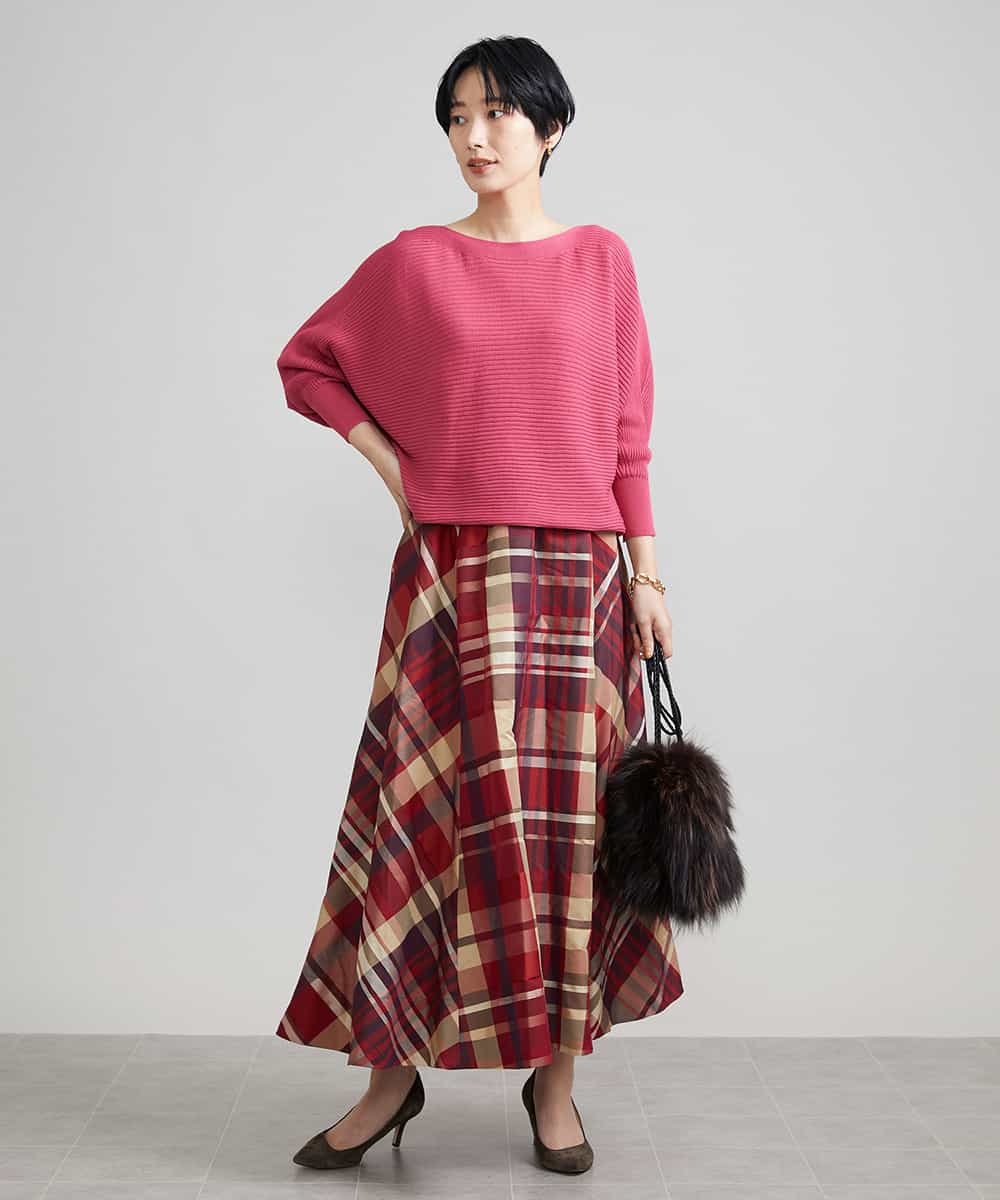 F6HJS20330 MICHEL KLEIN(小さいサイズ)(メゾン ドゥ サンク) [小さいサイズ]チェックジャカードフレアスカート レッド系(05)