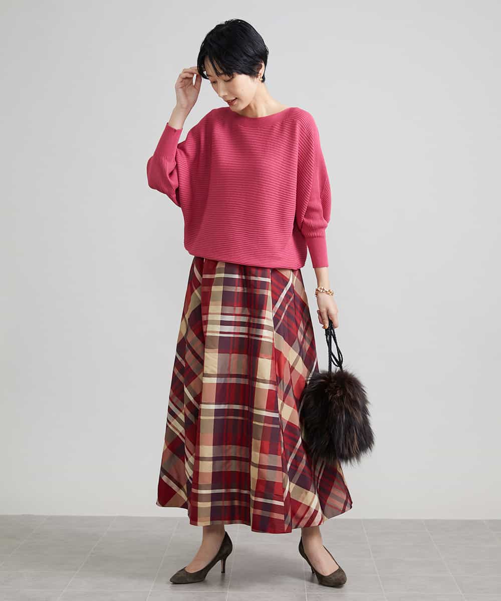 F6HJS20330 MICHEL KLEIN(小さいサイズ)(メゾン ドゥ サンク) [小さいサイズ]チェックジャカードフレアスカート レッド系(05)