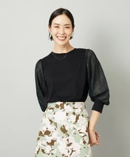 F6KAD11170 MICHEL KLEIN(小さいサイズ)(メゾン ドゥ サンク) [小さいサイズ]ラメチュールスリーブ異素材カットソー ブラック