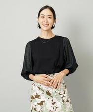 F6KAD11170 MICHEL KLEIN(小さいサイズ)(メゾン ドゥ サンク) [小さいサイズ]ラメチュールスリーブ異素材カットソー ブラック