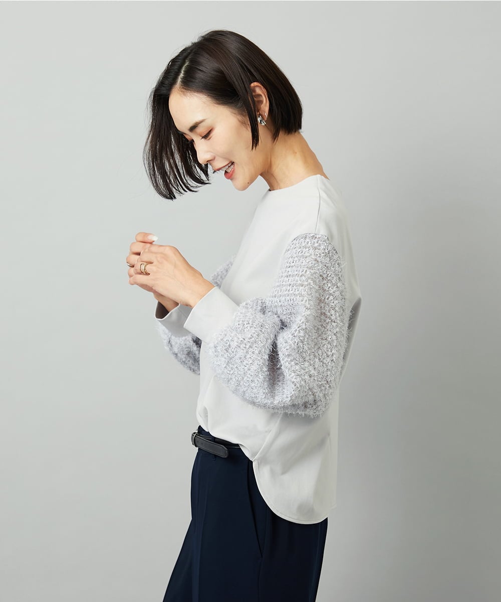 F6KAD18190 MICHEL KLEIN(小さいサイズ)(メゾン ドゥ サンク) [小さいサイズ]パフスリーブ異素材カットソー ライトグレー