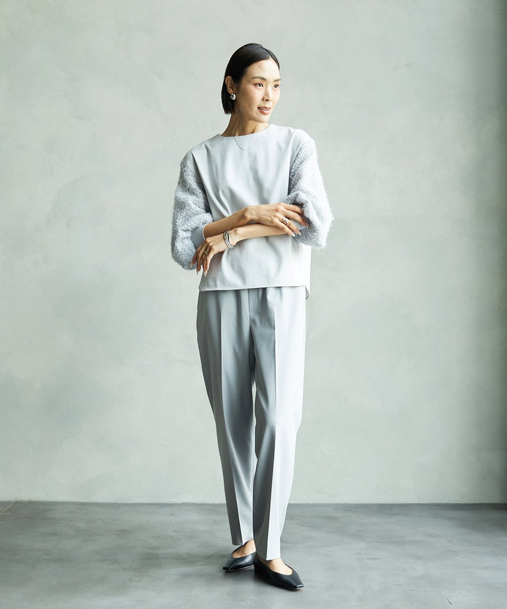 F6KAD18190 MICHEL KLEIN(小さいサイズ)(メゾン ドゥ サンク) [小さいサイズ]パフスリーブ異素材カットソー ライトグレー