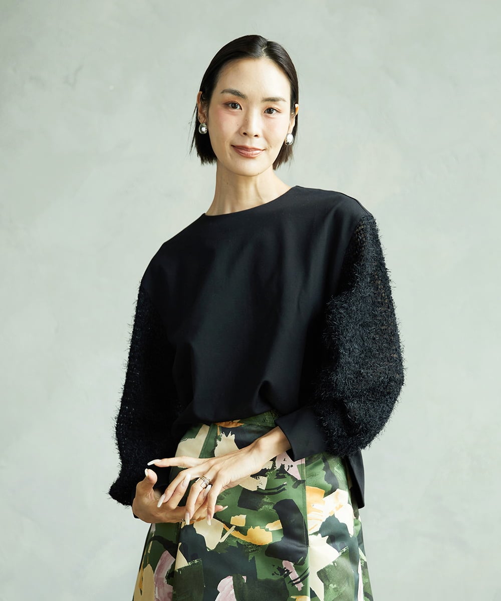 F6KAD18190 MICHEL KLEIN(小さいサイズ)(メゾン ドゥ サンク) [小さいサイズ]パフスリーブ異素材カットソー ライトグレー