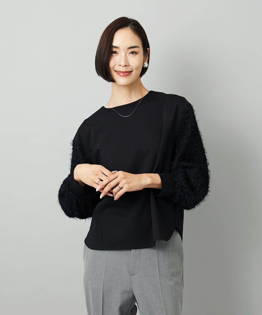 F6KAD18190 MICHEL KLEIN(小さいサイズ)(メゾン ドゥ サンク) [小さいサイズ]パフスリーブ異素材カットソー ライトグレー