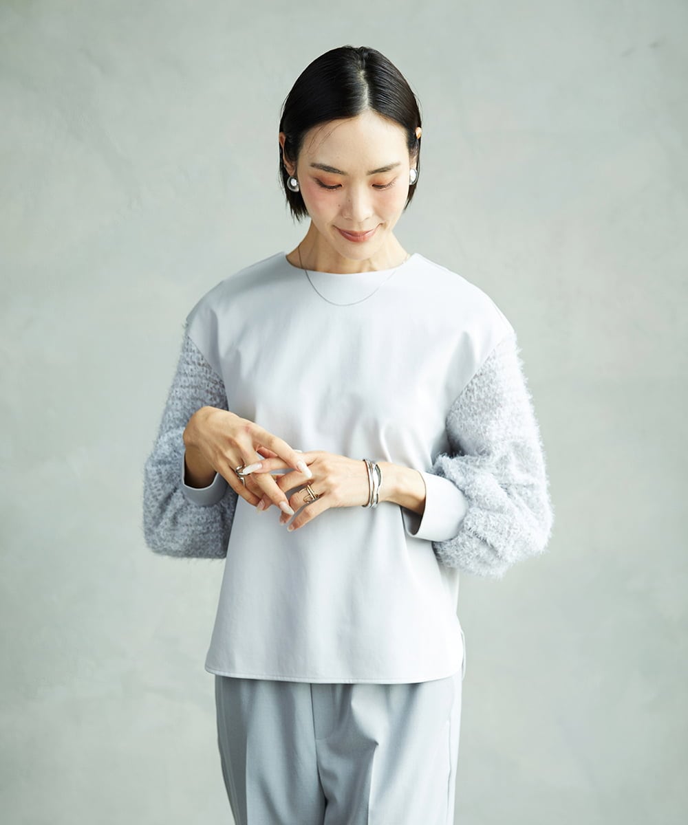 F6KAD18190 MICHEL KLEIN(小さいサイズ)(メゾン ドゥ サンク) [小さいサイズ]パフスリーブ異素材カットソー ライトグレー