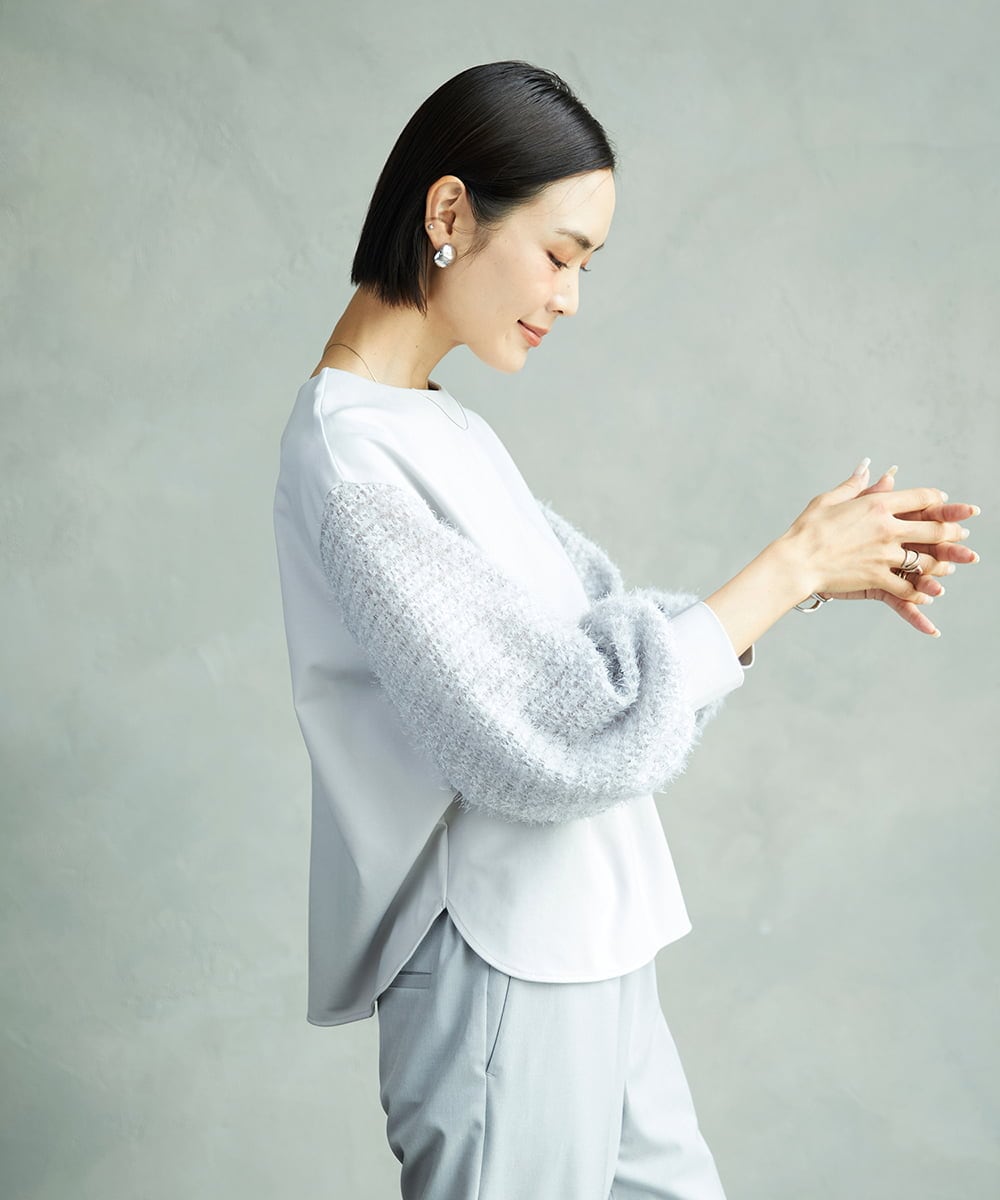 F6KAD18190 MICHEL KLEIN(小さいサイズ)(メゾン ドゥ サンク) [小さいサイズ]パフスリーブ異素材カットソー ライトグレー