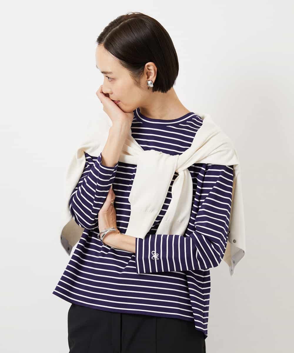 F6KDE10180 MICHEL KLEIN(小さいサイズ)(メゾン ドゥ サンク) [小さいサイズ]ボーダーバックフレアカットソー ネイビー