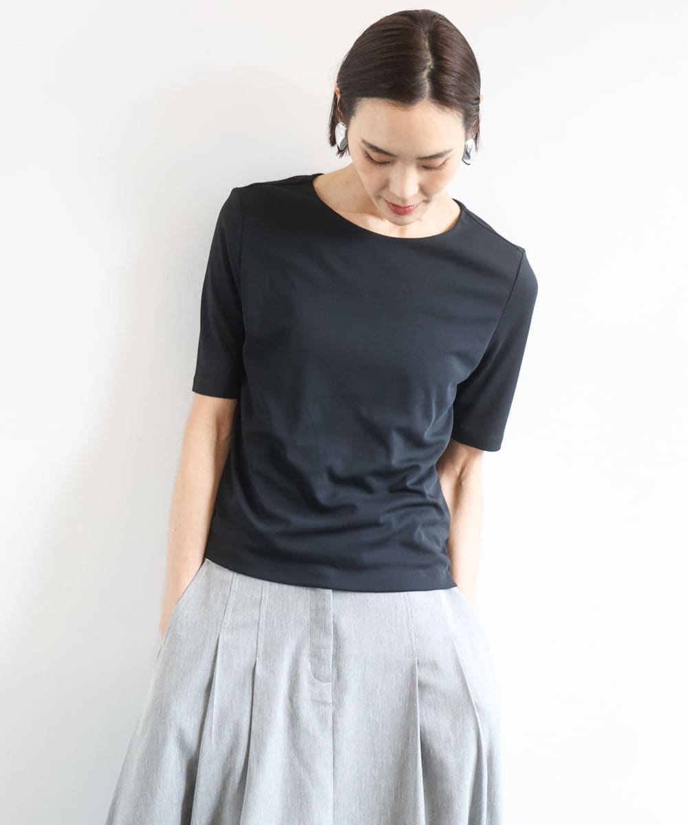 F6KGD20150 MICHEL KLEIN(小さいサイズ)(メゾン ドゥ サンク) [小さいサイズ][遮熱効果素材]ステッチレス五分袖プルオーバー ホワイト