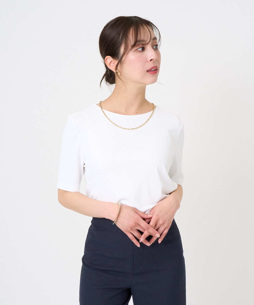 F6KGD20150 MICHEL KLEIN(小さいサイズ)(メゾン ドゥ サンク) [小さいサイズ][遮熱効果素材]ステッチレス五分袖プルオーバー ホワイト