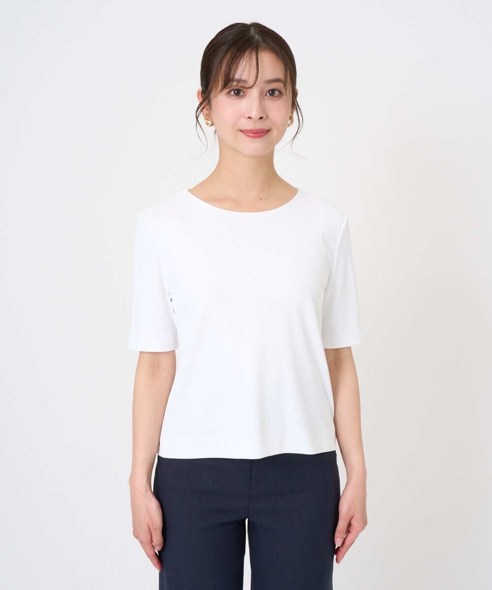 F6KGD20150 MICHEL KLEIN(小さいサイズ)(メゾン ドゥ サンク) [小さいサイズ][遮熱効果素材]ステッチレス五分袖プルオーバー ホワイト