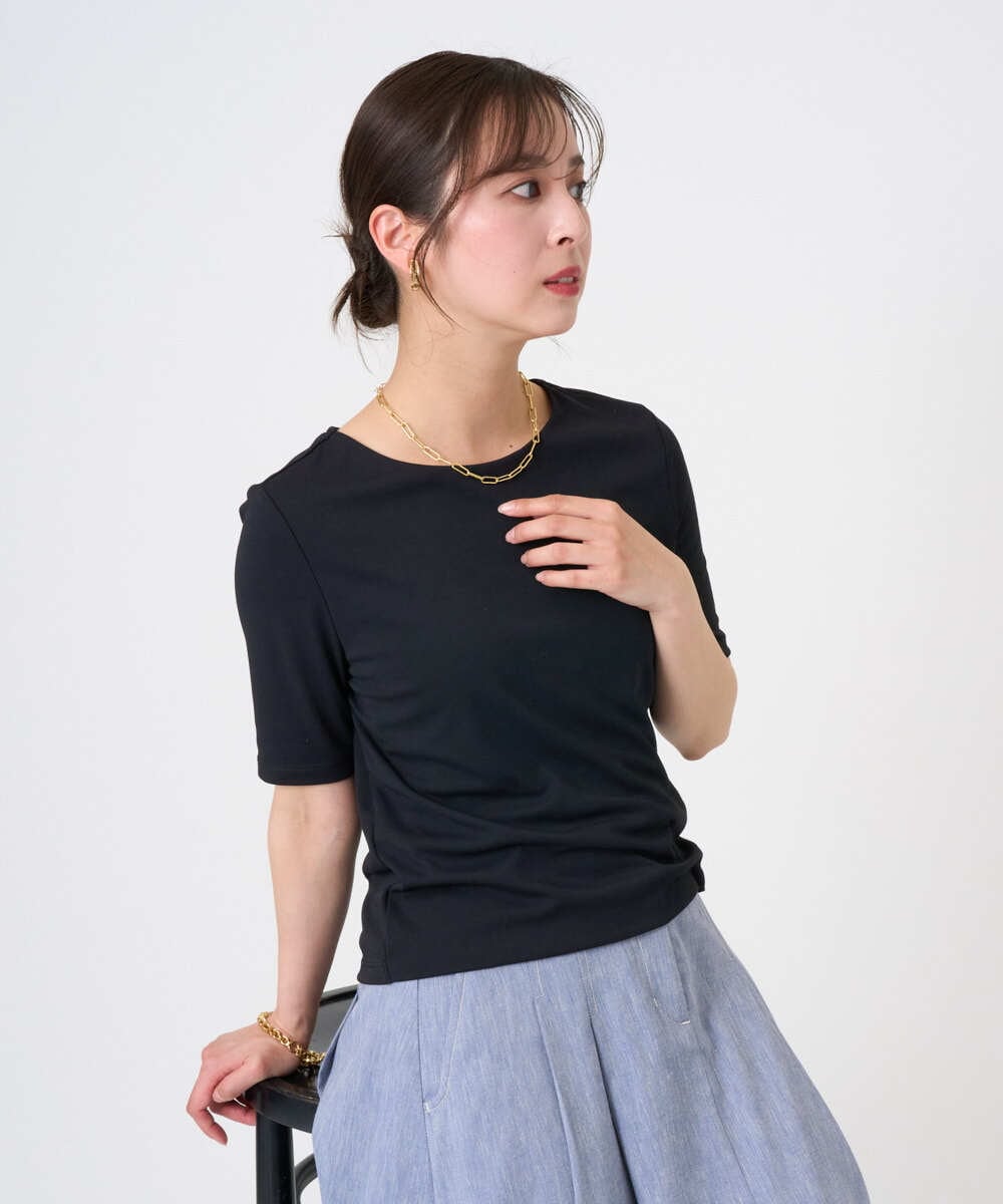 F6KGD20150 MICHEL KLEIN(小さいサイズ)(メゾン ドゥ サンク) [小さいサイズ][遮熱効果素材]ステッチレス五分袖プルオーバー ブラック