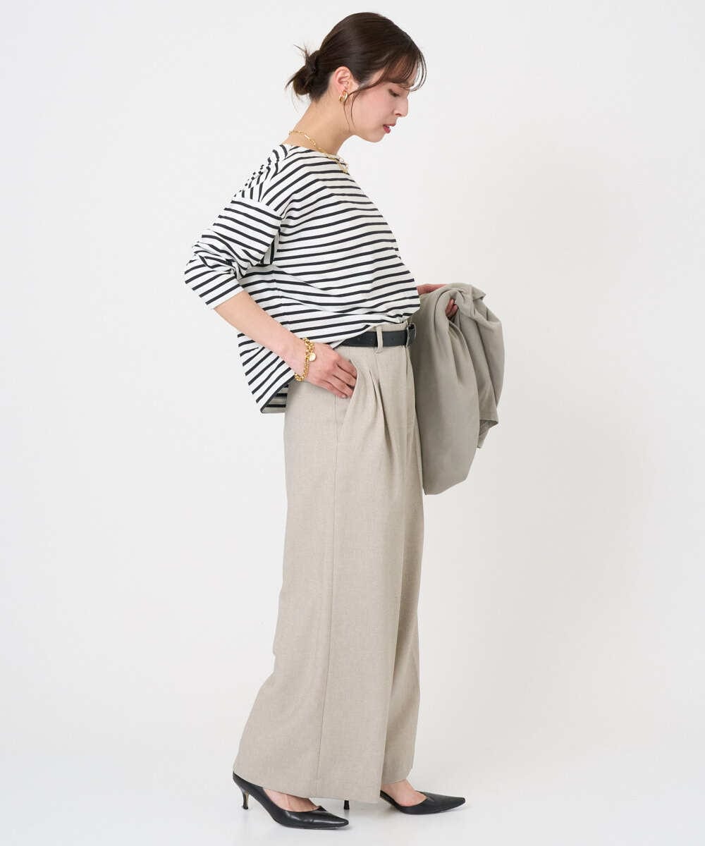 F6KGE04160 MICHEL KLEIN(小さいサイズ)(メゾン ドゥ サンク) [小さいサイズ]タックデザイン バスクボーダーTシャツ グリーン