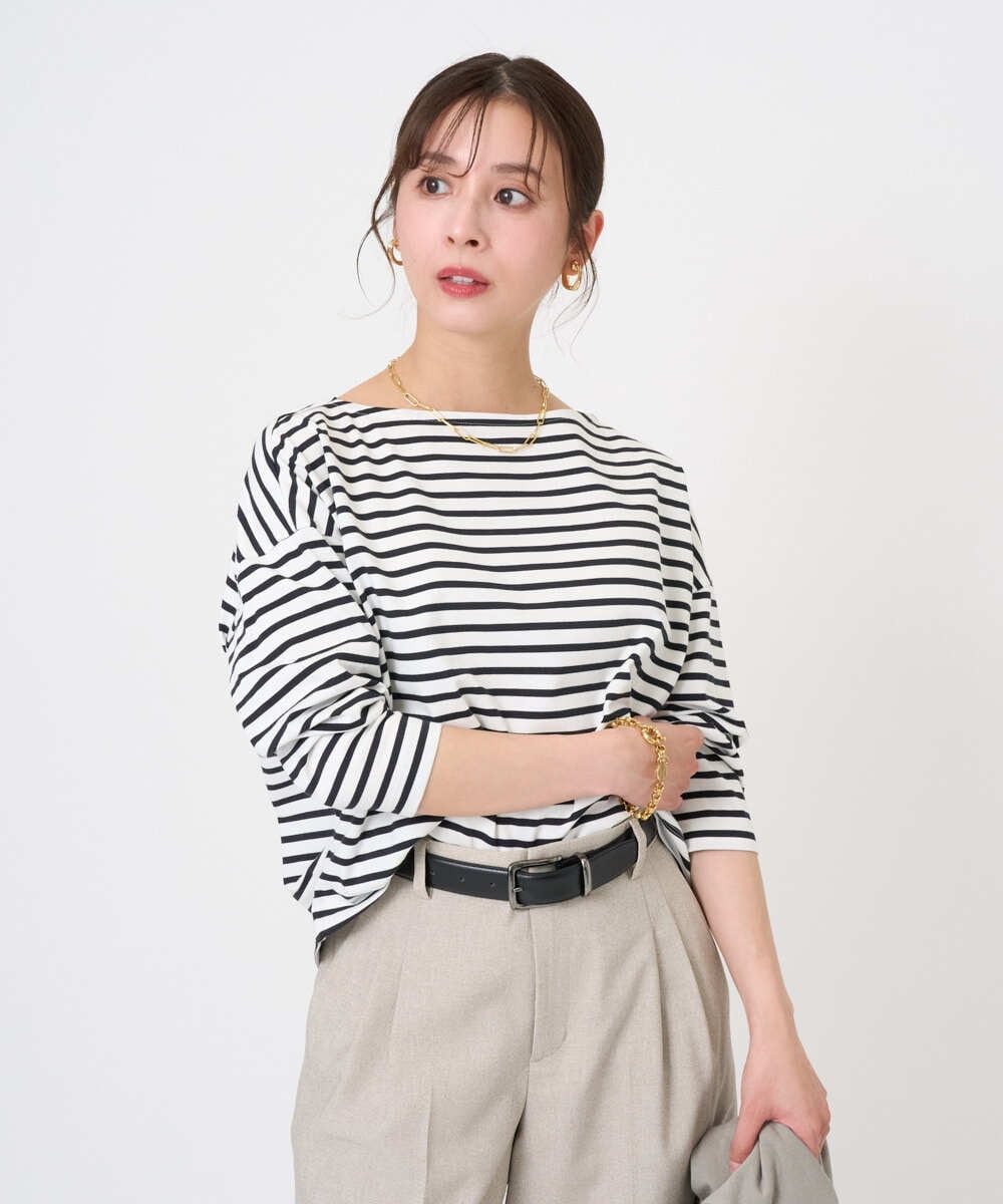 F6KGE04160 MICHEL KLEIN(小さいサイズ)(メゾン ドゥ サンク) [小さいサイズ]タックデザイン バスクボーダーTシャツ グリーン