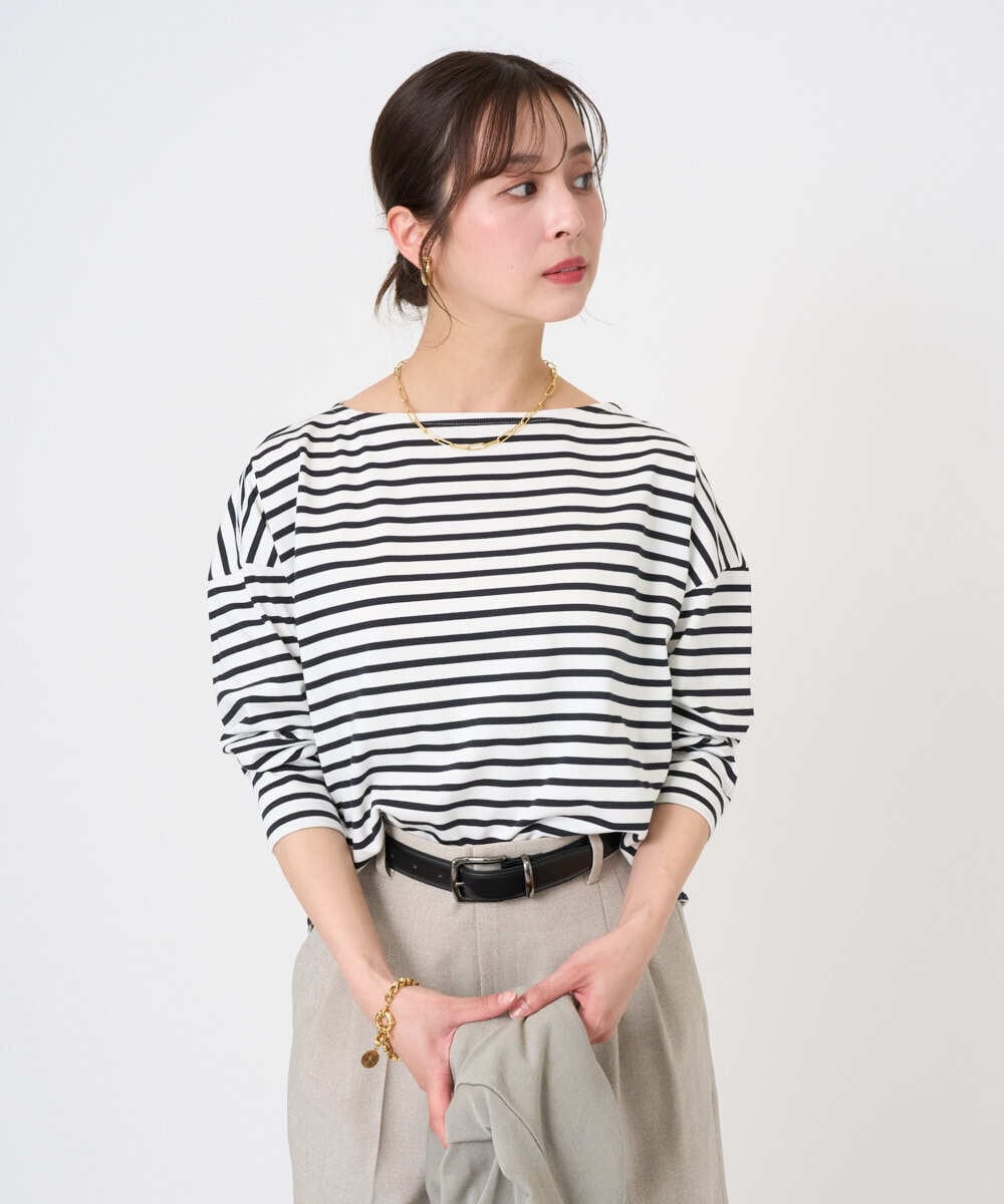 F6KGE04160 MICHEL KLEIN(小さいサイズ)(メゾン ドゥ サンク) [小さいサイズ]タックデザイン バスクボーダーTシャツ グリーン