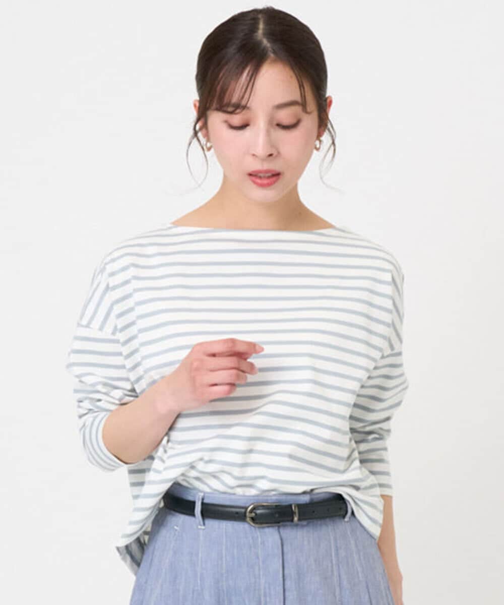 F6KGE04160 MICHEL KLEIN(小さいサイズ)(メゾン ドゥ サンク) [小さいサイズ]タックデザイン バスクボーダーTシャツ グリーン