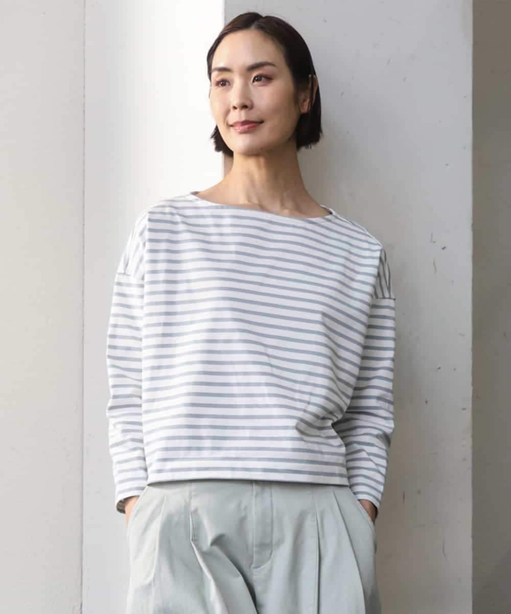 F6KGE04160 MICHEL KLEIN(小さいサイズ)(メゾン ドゥ サンク) [小さいサイズ]タックデザイン バスクボーダーTシャツ グリーン