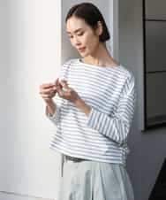 F6KGE04160 MICHEL KLEIN(小さいサイズ)(メゾン ドゥ サンク) [小さいサイズ]タックデザイン バスクボーダーTシャツ グリーン