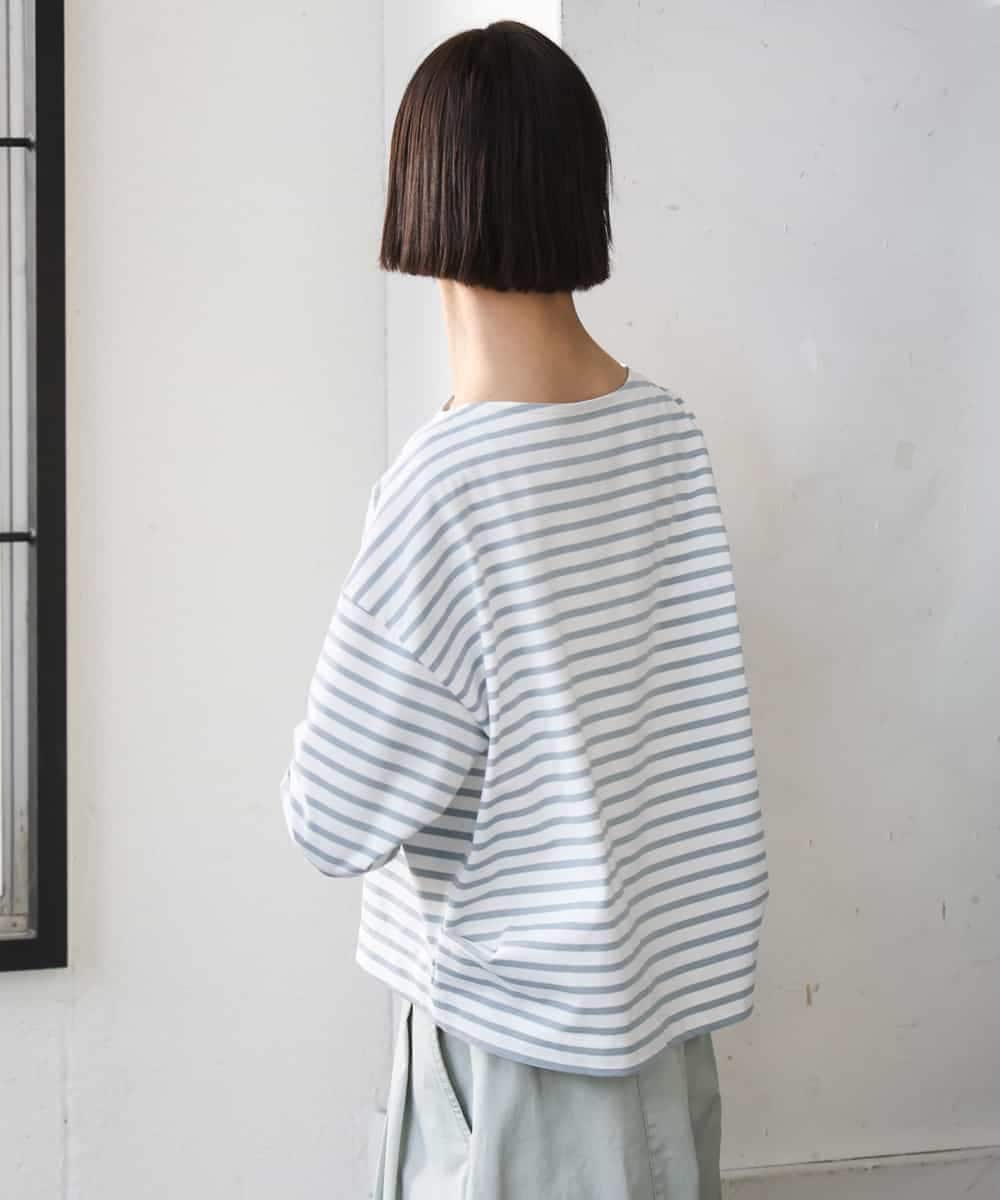 F6KGE04160 MICHEL KLEIN(小さいサイズ)(メゾン ドゥ サンク) [小さいサイズ]タックデザイン バスクボーダーTシャツ グリーン