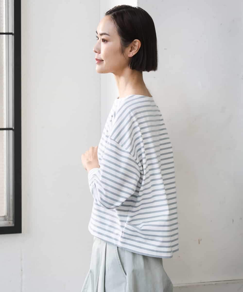 F6KGE04160 MICHEL KLEIN(小さいサイズ)(メゾン ドゥ サンク) [小さいサイズ]タックデザイン バスクボーダーTシャツ グリーン