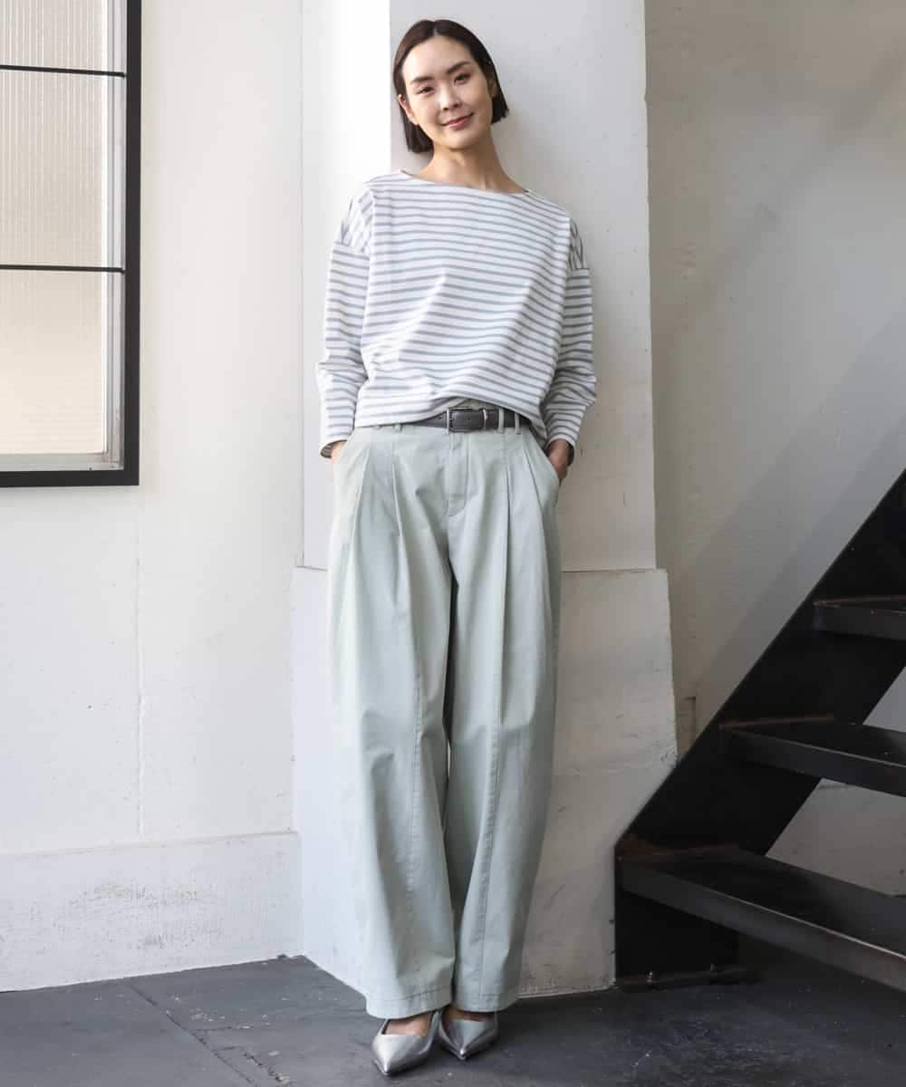 F6KGE04160 MICHEL KLEIN(小さいサイズ)(メゾン ドゥ サンク) [小さいサイズ]タックデザイン バスクボーダーTシャツ グリーン