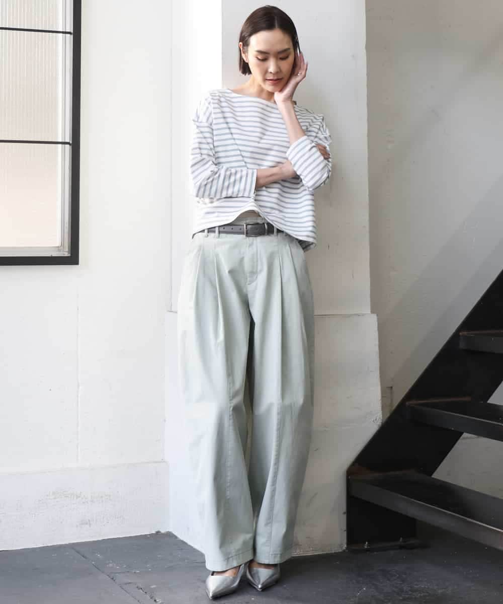 F6KGE04160 MICHEL KLEIN(小さいサイズ)(メゾン ドゥ サンク) [小さいサイズ]タックデザイン バスクボーダーTシャツ グリーン