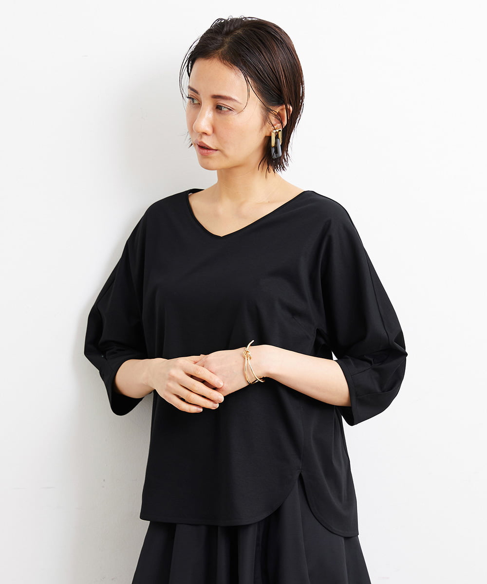F6KGS24180 MICHEL KLEIN(小さいサイズ)(メゾン ドゥ サンク) [小さいサイズ]Vネックラウンドテールカットソー/コットン100％ ブラック(94)