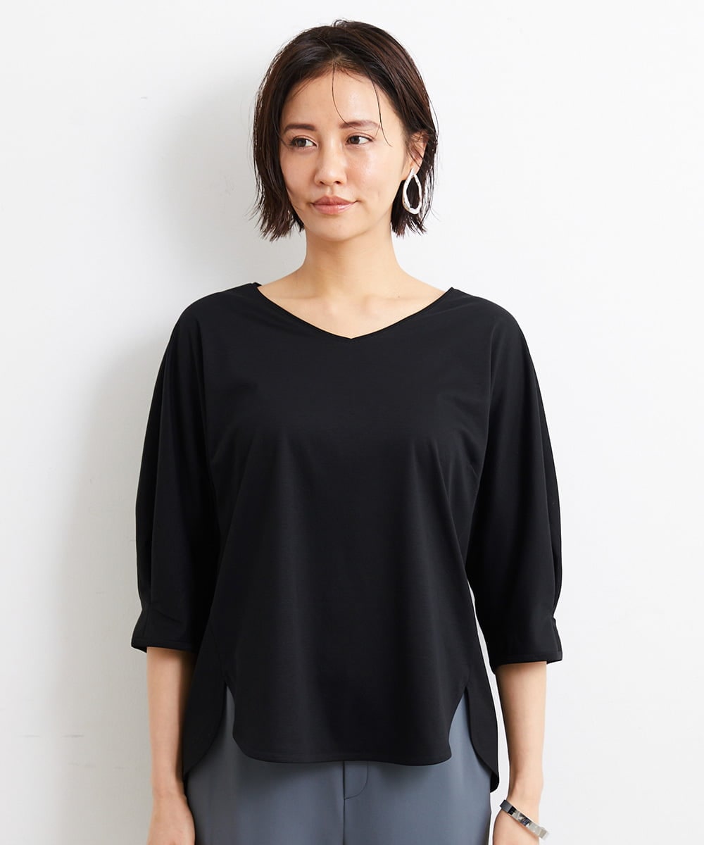 F6KGS24180 MICHEL KLEIN(小さいサイズ)(メゾン ドゥ サンク) [小さいサイズ]Vネックラウンドテールカットソー/コットン100％ ブラック(94)