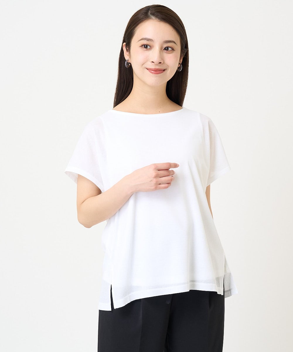 F6KHV28170 MICHEL KLEIN(小さいサイズ)(メゾン ドゥ サンク) [小さいサイズ]フレンチスリーブシアーカットソー(夏の1枚着におすすめ) ライムイエロー(30)